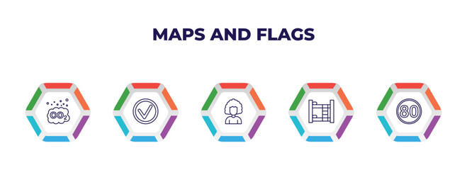 editable outline icons with infographic template. infographic for maps and flags concept. included co2, mark, women hairstylist, dormitory, 80 speed limit icons.