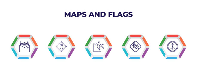 editable outline icons with infographic template. infographic for maps and flags concept. included las vegas, narrow right lane, mining work zone, school zone, road joining icons.