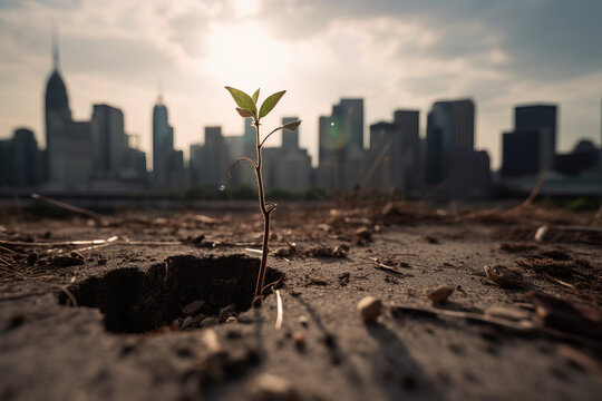 young evolving plant seedling growing out of craced concrete with city skyline in the background symbolizing nature taking back the rural environment, generative AI