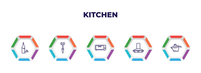 editable outline icons with infographic template. infographic for kitchen concept. included olive oil, meat tenderizer, bun warmer, extractor hood, squeezer icons.