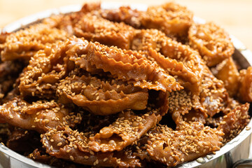 Close-up photo of a plate of chebakia, a delicious Moroccan pastry