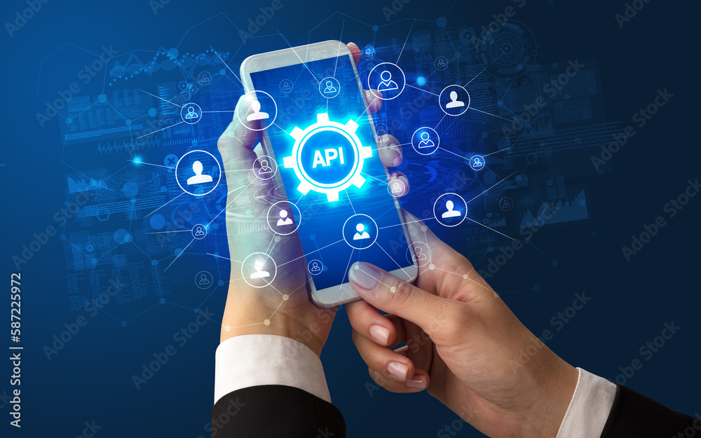 Poster hand using smartphone with technology concept