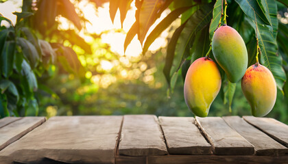 Mango fruit hanging on a tree with a rustic wooden table and a sunset