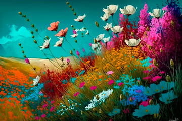 Fototapeta na wymiar Floral field of bright spring plants of different colors, summer meadow landscape with flowers and blue sky sun. Generative AI.