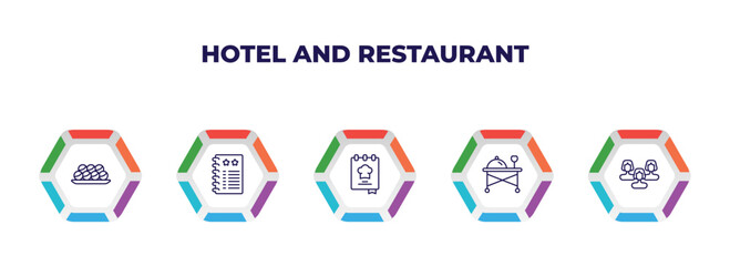 editable outline icons with infographic template. infographic for hotel and restaurant concept. included takoyaki, agenda, cookbook, room service, people icons.