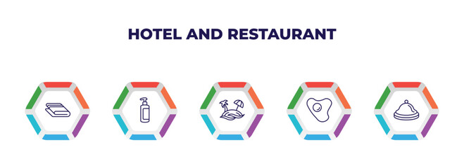 editable outline icons with infographic template. infographic for hotel and restaurant concept. included towels, lotion, beach, fried egg, reception bell icons.