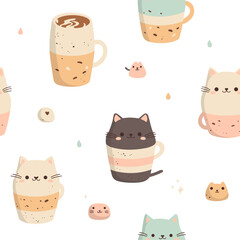 Seamless vector pattern with cute cats in coffee cups. Minimalistic design with soft colors