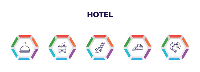 editable outline icons with infographic template. infographic for hotel concept. included dish, nightstand, sushi, pizza, shrimp icons.