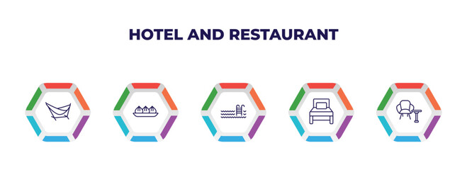 editable outline icons with infographic template. infographic for hotel and restaurant concept. included hammock, dim sum, pool, single bed, lounge icons.
