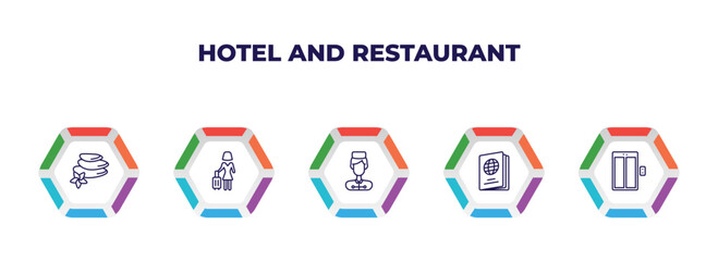 editable outline icons with infographic template. infographic for hotel and restaurant concept. included hot stones, guest, bellboy, passport, elevator icons.