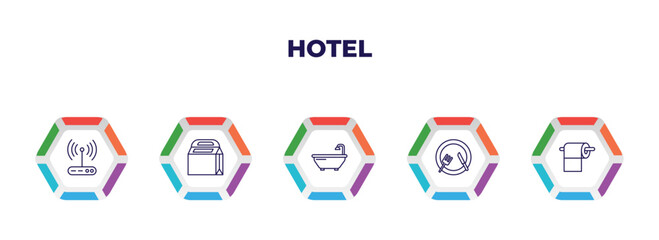 editable outline icons with infographic template. infographic for hotel concept. included free wifi, take away, bathtub, food, toilet paper icons.