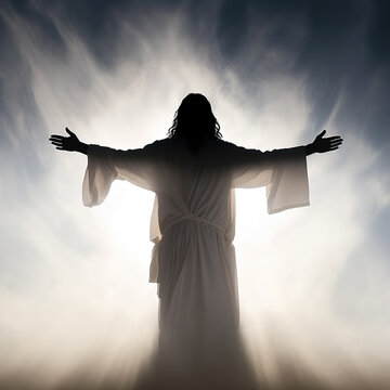Easter Savior Jesus Christ: A Moving Image of Christ with Arms Wide Open, Embracing the World in Love, Compassion, and Forgiveness - Generative AI