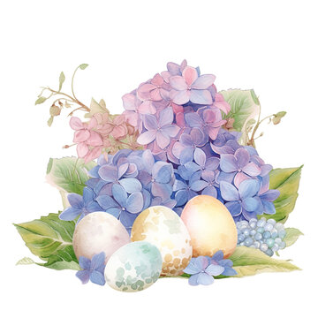 A Hydrangea and Easter Eggs: Enchanting Easter Decor with Lush Floral Touches, Creating a Lovely Springtime Atmosphere - Generative AI