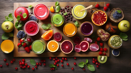 Healthy smoothies for summer. Various flavors: strawberry, orange, mint, blueberry, lemon and watermelon.