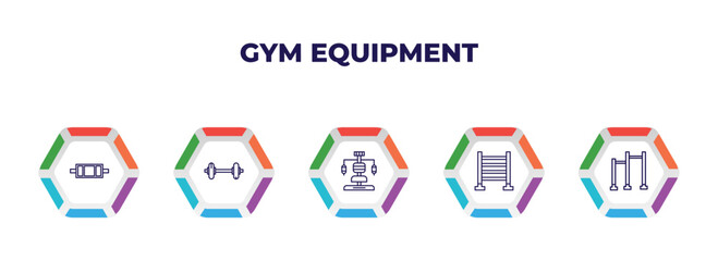 editable outline icons with infographic template. infographic for gym equipment concept. included triceps bar, weight bar, gym station, trellis, pull up bar icons.