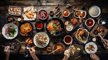 Chinese Food. Wok with noodles chicken and vegetables ingredients with spices and sauces on a rustic wooden table