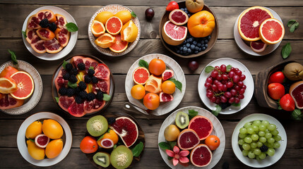 Obraz na płótnie Canvas Healthy breakfast: fruit plates on a wooden table. Close-up top view horizontal
