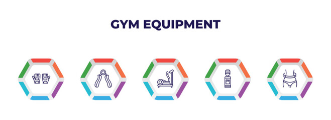 editable outline icons with infographic template. infographic for gym equipment concept. included gym gloves, hand grip, elliptical, water hine, waist icons.