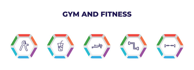 editable outline icons with infographic template. infographic for gym and fitness concept. included grip, vegetables juice, rowing hine, resistance, horizontal bar icons.