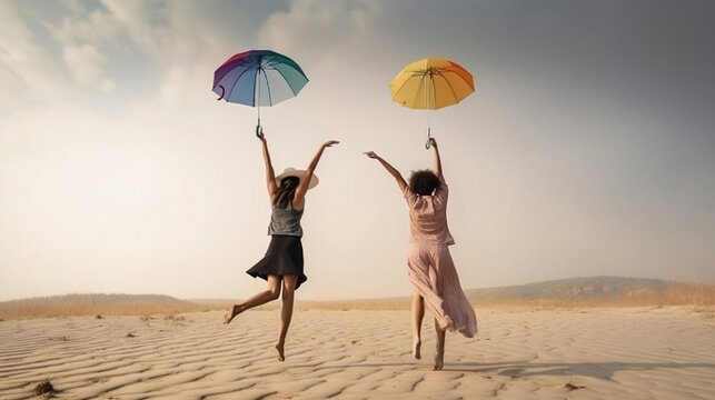 Freedom and Fun Concept with Women Flying with umbrellas