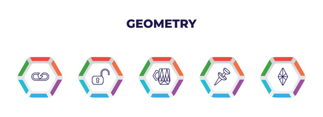 editable outline icons with infographic template. infographic for geometry concept. included break, unlock, polygonal coffee cup, push pin, polygonal rhomb icons.