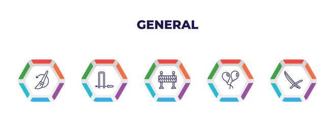 editable outline icons with infographic template. infographic for general concept. included history brush, fretsaw, traffic barriers, floating balloons, deckchair icons.