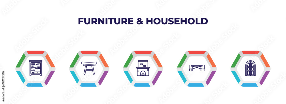 Wall mural editable outline icons with infographic template. infographic for furniture & household concept. included shelf, ottoman, fireplace, kitchen table, double door icons.