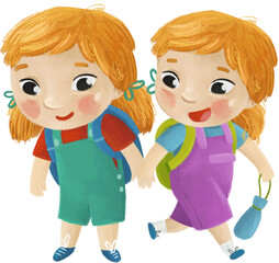 cartoon child kids girl girlfriends friendship pupils going to school learning childhood illustration for kids