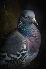 Pigeon on a dark background in the forest, close-up, Generative AI