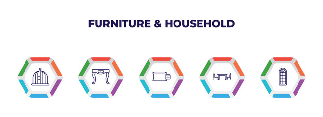 editable outline icons with infographic template. infographic for furniture & household concept. included bird cage, adornment, linens, dining room, window icons.