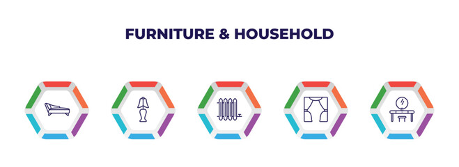 editable outline icons with infographic template. infographic for furniture & household concept. included fainting couch, bedroom lamp, radiator, curtain, lowboy icons.