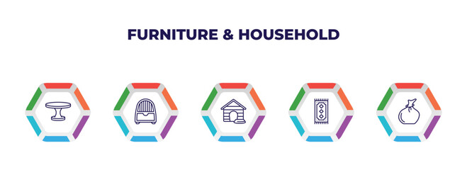 editable outline icons with infographic template. infographic for furniture & household concept. included dining table, dehumidifier, pet house, rug, garbage bags icons.