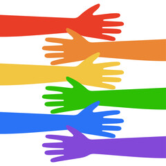 Hands holding hands vector illustration in concept  of support, diversity. Concept of racial equality, multicultural and multiracial society. Rainbow colors. June Pride Parade banner. Empowerment.