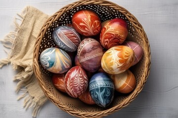 colorful basket filled with Easter eggs on a table. Generative AI