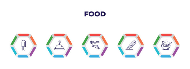 editable outline icons with infographic template. infographic for food concept. included ice lolly, hotel service, fishing line, paper knife, bowl of food icons.