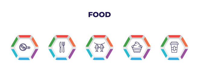 editable outline icons with infographic template. infographic for food concept. included fried eggs, knife and fork, dried fish, mayonnaise, disposable paper cup icons.