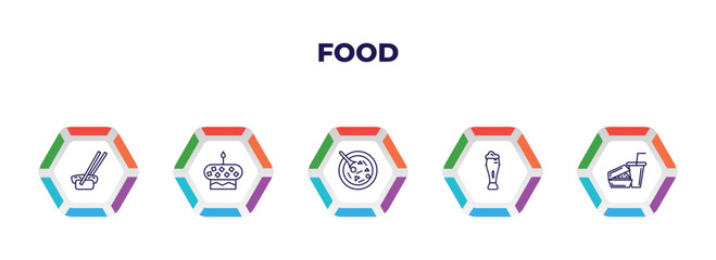 editable outline icons with infographic template. infographic for food concept. included sushi and chopsticks, cake with one candle, luosifen, jar of beer, hamburger and drink icons.