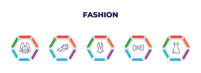editable outline icons with infographic template. infographic for fashion concept. included jacket with pockets, men shoe, women swimsuit, tux, tunic icons.