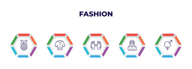 editable outline icons with infographic template. infographic for fashion concept. included medal with a star, jacket with buttons, pair of gloves, hazmat, unisex icons.