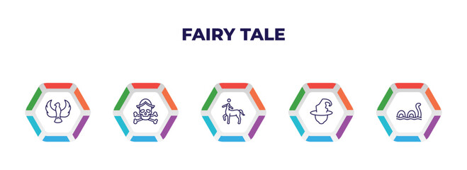 editable outline icons with infographic template. infographic for fairy tale concept. included phoenix, caribbean, centaur, wicked, loch ness monster icons.