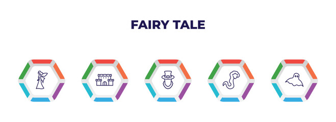 editable outline icons with infographic template. infographic for fairy tale concept. included myth, castle, leprechaun, rapunzel, ghost icons.