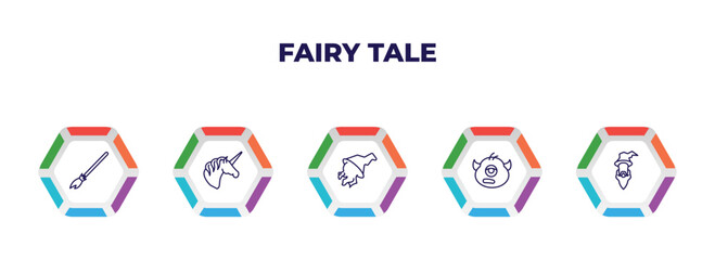 editable outline icons with infographic template. infographic for fairy tale concept. included broomstick, unicorn, witch, cyclops, wizard icons.