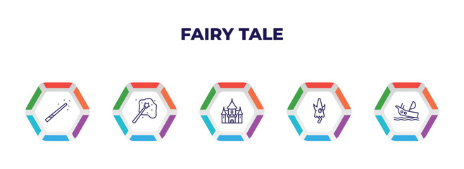 editable outline icons with infographic template. infographic for fairy tale concept. included magic wand, enchantment, palace, karakasakozou, shipwreck icons.