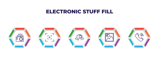 editable outline icons with infographic template. infographic for electronic stuff fill concept. included photo camera with flash, camera screen, flip camera, picture, phone receiver icons.