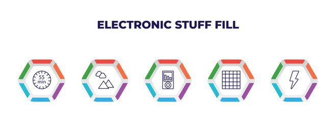 editable outline icons with infographic template. infographic for electronic stuff fill concept. included minute countdown, landscape photo, portable music player, screen grid, blitz flash icons.