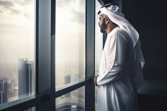 Successful muslim businessman in traditional white outfit standing in his modern office looking out of the window on big city with skyscrapers