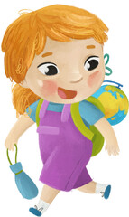 cartoon child kid girl pupil going to school learning with globe childhood illustration for kids