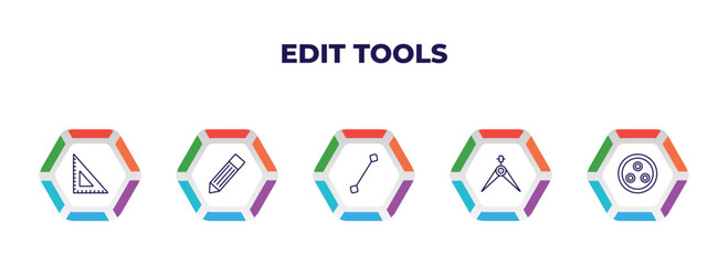 editable outline icons with infographic template. infographic for edit tools concept. included school triangle, pen edit, line tool, calipers, quark icons.