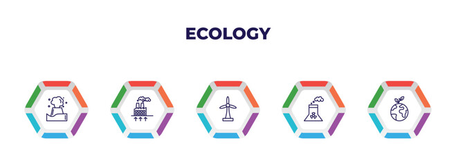 editable outline icons with infographic template. infographic for ecology concept. included geyser, geothermal energy, wind turbine, nuclear power, green earth icons.