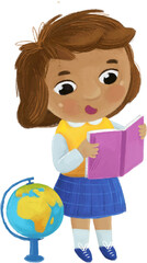 cartoon child kid girl pupil going to school learning with globe childhood illustration for kids